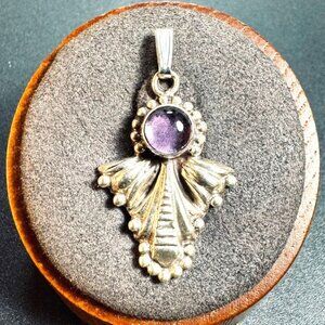 VTG Sterling Silver 925 Amethyst Bezel Set Beaded Border Boho Pendant Size 1'' L